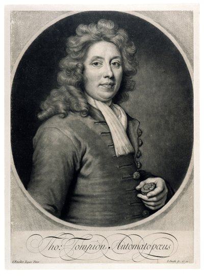Portrait of Thomas Tompion (1639-1713) engraved by John Smith by Godfrey Kneller